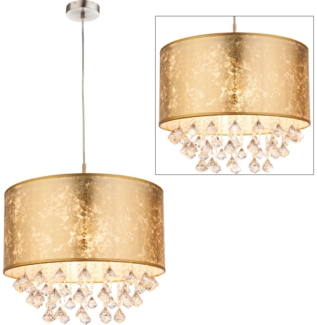 Hängeleuchte, Kristalle, Textilschirm, gold, H 140 cm, AMY