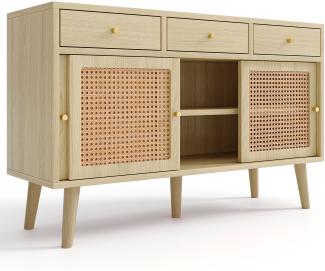 Merax Sideboard mit 3 Schubladen und 3 Schwebetüren, Rattangeflecht, Kommode mit verstellbaren Einlegböden, Anrichte, B/H/T: 120/40/78cm