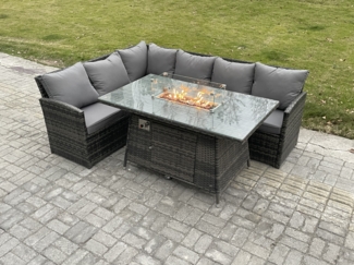Fimous Outdoor Gartenmöbel-Set Hoher Rücken Ecksofa Gas Feuertisch Sets Gasheizung 6 Sitzer Dunkelgrau gemischt