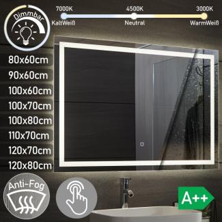Aquamarin® LED Badspiegel - 120x70 cm, Beschlagfrei, Dimmbar, EEK A++, Energiesparend, mit Speicherfunktion - Badezimmerspiegel, LED Spiegel, Lichtspiegel, Wandspiegel für Bad