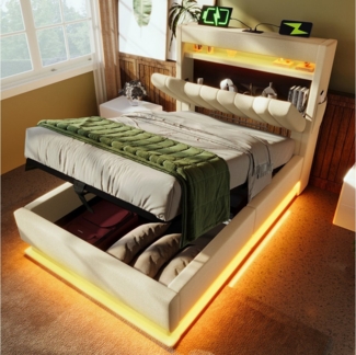 HAUSS SPOLE Polsterbett 90x200 mit USB- und Typ-C-Anschlüssen, LED-Beleuchtung Beige, Leinen (Struraumbett, Funktionsbett, 90x200 cm, ohne Matratze, Beige), mit USB- und Typ-C-Anschlüssen, LED-Beleuchtung