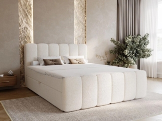 GrainGold Boxspringbett mit Bettkästen CLOUD, Modern Bett mit Kopfteil - 160x200 cm, Beige (1x Bett + 1x Topper)