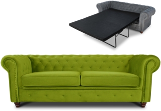 Schlafsofa Chesterfield Asti Bis 3-Sitzer, Sofa mit Schlaffunktion, Couch 3-er, Couchgarnitur, Sofagarnitur, Holzfüße - Glamour Design, Velours (Hellgrün (Velvet 75))