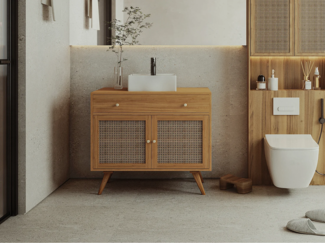 Vente-unique - Badezimmerschrank mit Keramikwaschbecken - helles Teakholz und Rattan - 90 cm - MANSULAN