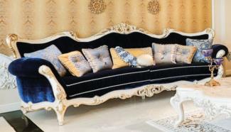 Casa Padrino Luxus Barock Wohnzimmer Sofa Dunkelblau / Weiß / Gold 300x98 x H. 120 cm - Prunkvolles Sofa im Barockstil