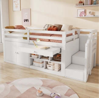 KLAM HOME Hochbett Multifunktionales Kinderbett aus Holz mit Treppe und Stauraum 90*200 Treppen/Schränke links und rechts austauschbar, weiß
