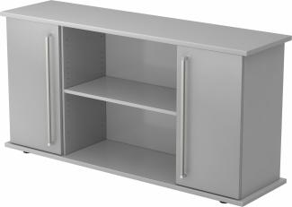 bümö Sideboard Grau/Silber mit Flügeltüren & Regal - Büromöbel Sideboard Holz 166cm breit, 45cm schmal, Büro Schrank für Flur oder als Wohnzimmer-Kommode mit Chromgriff, SB2T-5-S-CE