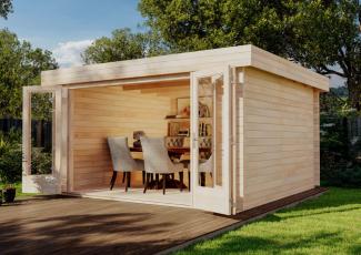 Alpholz Gartenhaus Java-44 A ISO mit großer Falttür Gartenhaus aus Holz Holzhaus mit 44 mm Wandstärke FSC zertifiziert Blockbohlenhaus mit Montagematerial