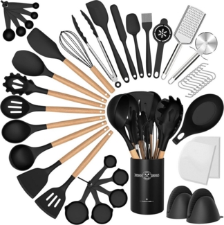 Rhein Beleuchtung Kochbesteck-Set Schwarzer Holzgriff Silikon Küchenutensilien Set 43 Teile (43-tlg, kochlöffel set, küchenhelfer, küchenutensilien), Lebensmittelechtes Silikon, Holzgriff für einfache Lagerung