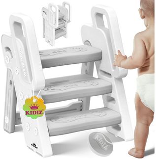 KIDIZ® Tritthocker für Kinder Trittleiter Klappbar mit 3 Stufen | Faltbarer Lern-Turm ab 18 Monaten bis 6 Jahren | Robust | Sicherer & Stabiler Trittschemel | Höhenverstellbar Rutschfest Weiß / Hellgrau