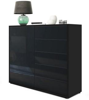 Vladon Sideboard Ben V2, Kommode mit 1 Tür und 5 Schubladen, Schwarz matt/Schwarz Hochglanz (79 x 74 x 36 cm)