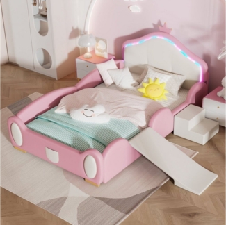 REDOM Kinderbett Polsterbett Bett, mit mehrfarbigem Multi-Mode-LED-Streifen (mit schützenden weichen Kanten, mit Holzlatten, mit kleiner Rutsche und Treppe), Ohne Matratze