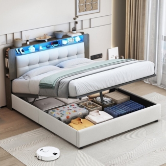 Furnishings Home Stauraumbett Polsterbett Doppelbett LED + Hydraulisch (geeignet für Jugendliche und Kinder), Mit LED-Licht, Lattenrost, Kabelloses Laden, Samt, 140x200 cm