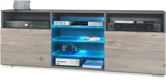 TV-Board Granada, Lowboard mit 2 Türen und 6 offenen Fächern, Korpus Anthrazit matt, Fronten in Eiche Nordic mit RGB LED-Beleuchtung (146 x 54 x 35 cm)