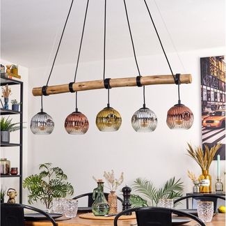 hofstein Pendelleuchte Hängelampe aus Metall/Holz/Riffelglas in Chrom/Rauch/Kupfer/Gold/Klar, ohne Leuchtmittel, Hängeleuchte im Retro/Boho Design mit Glasschirmen und Holzbalken, E27