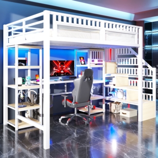 Hochbett,Eisenrahmen Ablagefach Leiter mit Stauraum Schreibtisch LED-Lichtleiste USB-Anschluss inklusive ohne Matratze,Eisen,Weiß,140x200 cm