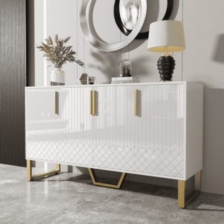 BlingBin Sideboard Hochglanz-Sideboard, Aufbewahrungsschrank, Anrichte mit 4 Türen (1er Set, 1 St, 140*40*80cm, Produktladung: 40KG, Metallgriffe und -beine), Wohnzimmerschrank, Geometrisches Design in Weiß