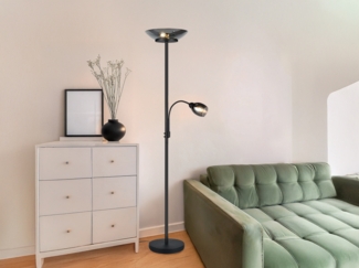 LED Deckenfluter mit Flexarm Leselampe, Schwarz Glasschirme Chrom, H: 180cm