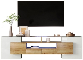 MODFU TV-Schrank Lowboard (1-St, Weiß, 200 cm) Elegante Glasoberfläche, LED-Beleuchtung