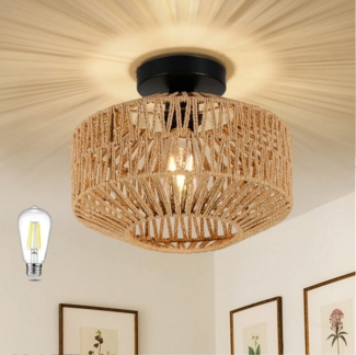 LMaxhome LED Deckenleuchte Hängend Boho Rattan Deckenlampe Vintage Kronleuchter Lampenschirm Flur, E27 Glühbirne LED fest integriert Bambus Wohnzimmer Esszimmer Lampe