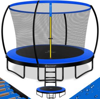 KESSER® Trampolin Gartentrampolin | TÜV Rheinland GS Zertifiziert | Kindertrampolin bis 150 kg | Komplettset mit Sicherheitsnetz, Leiter, Randabdeckung & Zubehör 366 cm, Blau / Schwarz