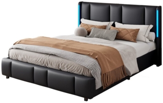 FUROKOY Stauraumbett Doppelbett Polsterbett mit Lattenrost und hydraulischen Stützen, 160x200 cm,mit LED-Beleuchtung,USB+TypeC,Stauraum,Kunstleder,Schwarz