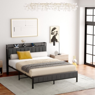 OKWISH Metallbett mit Lagerregal (Eisenbett, Funktionsbett mit Lattenrost, 1-tlg, 27 cm Bodenfreiheit für extra Aufbewahrung, 140*200cm, ohne Matratze), mit schwarzem Metallrahmen, integrierten USB-Anschlüssen