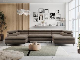 Ecksofa U-Form, mit Bettkasten, Bettfunktion und Einstellbare Kopfstützen, Sofa big XXL - PETER U - Braun Velours - Topper T25