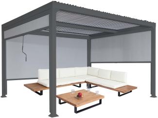 Alu Pergola HWC-L41 mit 3x Seitenwand, Lamellen-Pavillon, stabiles 8cm-Metall-Gestell 3x3,7 m ~ anthrazit