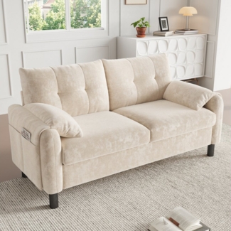 Merax 2-Sitzer Sofa aus Chenille-Stoff, Modulares-Sofa, Couch Doppelsofa im skandinavischen Design für Wohnzimmer/Schlafzimmer 1 Teile, Polstersofa mit Armlehne, dicken Kissen & Seitentaschen, 158 x 80 x 88.5 cm