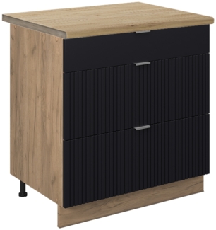 Vicco Küchenunterschrank Schwarz gestreift 80 cm mit 3 Schubladen, AP Eiche, Fame-Line