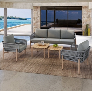 Flieks Gartenlounge-Set, 5-Sitzer Gartenmöbel mit geflochtenen Seilarmlehnen und 2 Couchtisch
