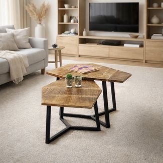 Amagohome Couchtisch 2er-Set sechseckige Couchtische München aus massivem Mangoholz & Eisen