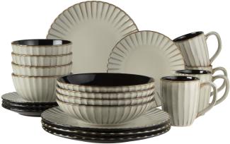 Geschirr Set fr 4 Personen im modernen Vintage Look, 20-teiliges Kombiservice aus Keramik in Beige mit schwarzen Akzenten