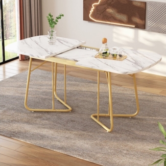BlingBin Esstisch Erweiterbarer Esstisch, Marmorstruktur, Vergoldete Metall-Tischbeine (Exquisiter Luxus-Stil, Einfache Installation und Hochwertiges MDF-Material, 1-St, 140/180*80 cm, Tragendes Gewicht: 60KG), Rechtwinkliger Esstisch, Geeignet für 4–6...