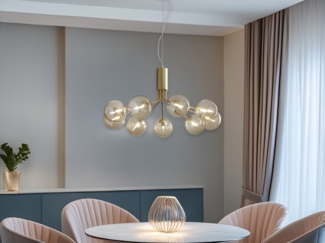 Große LED Pendelleuchte 9-flammig Gold-Glakugeln Bernsteinfarbig, Ø 83cm