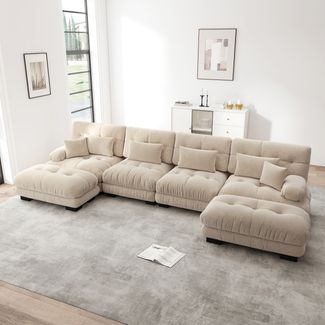 Sofa modular 5-teilig Lichtkaffee, Chenille, flexibel als Eck- oder U-Sofa – tiefer Sitz, runde Polsterarmlehnen, Cloud-Komfort,H 81 x T 406 x B 145 cm