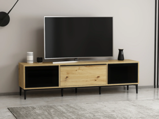 Vente-unique - TV-Möbel mit 3 Türen aus schwarzem Sicherheitsglas - Holzfarben - MOLINIA