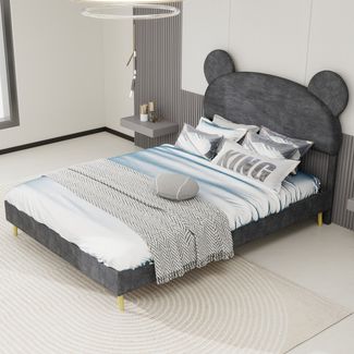 Flieks Kinderbett 140x200cm, Polsterbett mit Cartoon-Kopfteil, Doppelbett mit Holzbeinen, Samt, Grau