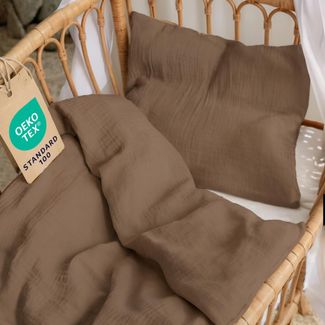 Dreamzie Baby Bettwäsche 80x80 cm + Kissenbezug 35x40 - Musselin aus 100% Baumwolle, Oeko-TEX Zertifiziert,atmungsaktiv & weich, ideal für Sommer & Kinderwagen - Mokka