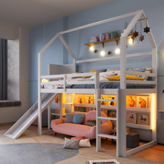 Hochbett mit Regal, Rutsche und LED-Beleuchtung, 90x200 cm, Kinderbett mit Rausfallschutz, Hausbett, Kiefer