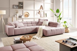 KAWOLA Sofa NEVADA Ecksofa Feincord rosa mit motorischem Sitzvorzug Recamiere rechts 70 x 215 x 319 cm