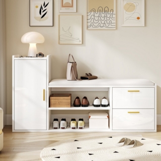 Merax Schuhbank Hochglanz in Weiß, mit gepolsterter Sitzfläche & verstellbaren Böden (Schuhregal für Flur oder Wohnzimmer, 1-St, 128×30×68 cm), Schuhschrank mit 2 Schubladen, 1 Schrank & 2-stöckigem Schuhregal