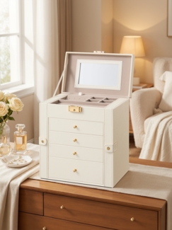 SONGMICS Schmuckbox mit 5 Ebenen, Schmuckkasten, mit Innenspiegel, abschließbar, weiß