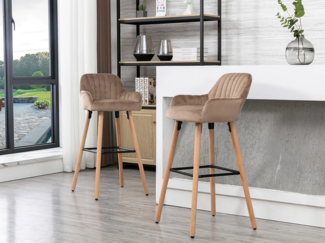 Vente-unique - Barhocker 2er-Set - Samt & Buche - Beige - ELEANA