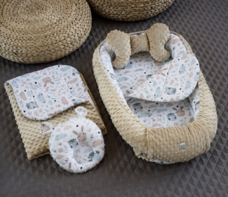 Loolay Bettnestchen Hase BEIGE Weiß/ MINKY Fleece 5 TLG SET Babynest Babyausstattung, (Nestchen SET PREMIUM Geschenk SETS für Neugeborene, 5-tlg, Neugeborene Nestchen, Babynestchen, Reisebett Unterlage), NESTCHEN + DECKE + MATRATZE + Bärchen + Schmette...