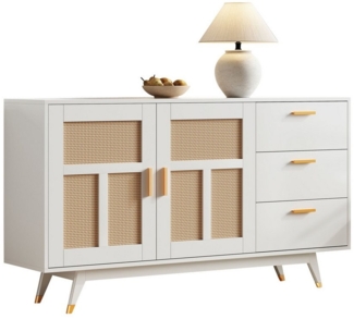 BlingBin Sideboard Moderner Dekorativer Rattan Schrank mit 2 Rattan Türen 3 Schubladen (1er Set, 1 St, Maße: 160*40*87 cm, Max Belastbarkeit: 80KG), Multifunktionaler Aufbewahrungsschrank, Buffet Golddekoration, Weiß