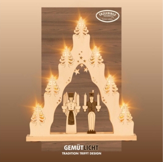 Weigla Schwibbogen Engel & Bergmann, Lichterspitze aus Holz, NATUR-BRAUN, Made in Germany, Erzgebirge garantiert, Weihnachtsdeko Innen, Weihnachtsbeleuchtung