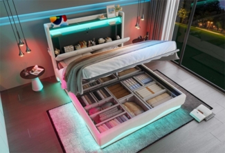 LVHOM Boxbett 140/160x200cm Modernes LED-Polsterbett mit Bettkasten & Ladestation (Beleuchtete Ablage, Stauraum-Kopfteil für Bücher & Decke, USB/Typ-C-Ladestation, Versteckter Stauraum & Seitentaschen, Leiser Gasdruckrost (300kg), Ideal für kleine Schl...