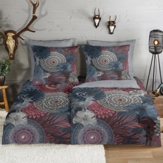 hip Flanell Bettwäsche 155x220 Makema Mandala Hirsch Blätter grau rot 33373